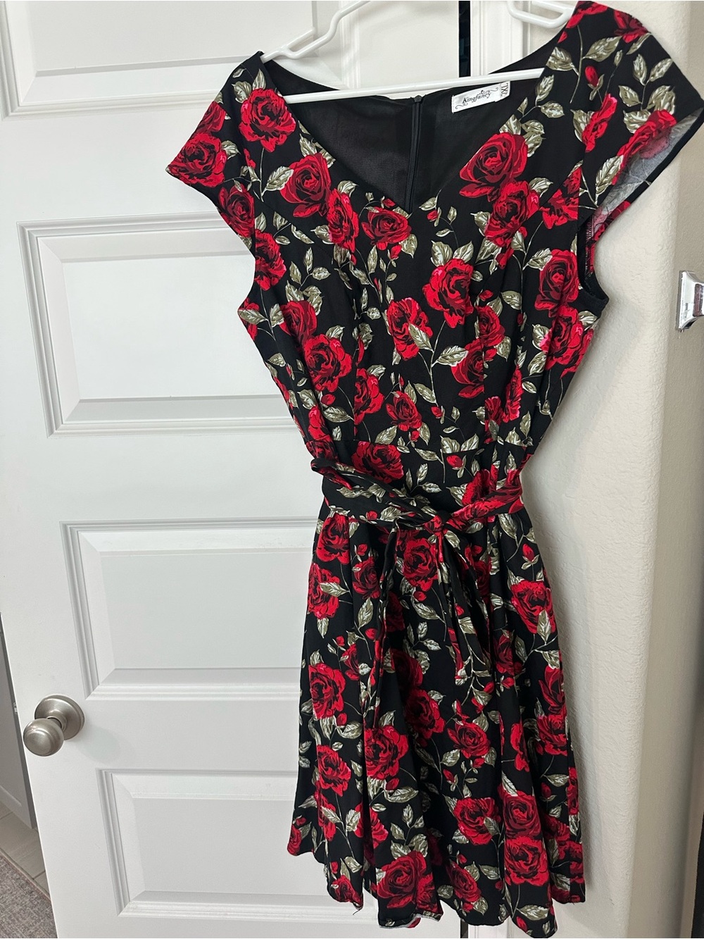 Black Mini Dress with Red Rose Print and Tie Waist
